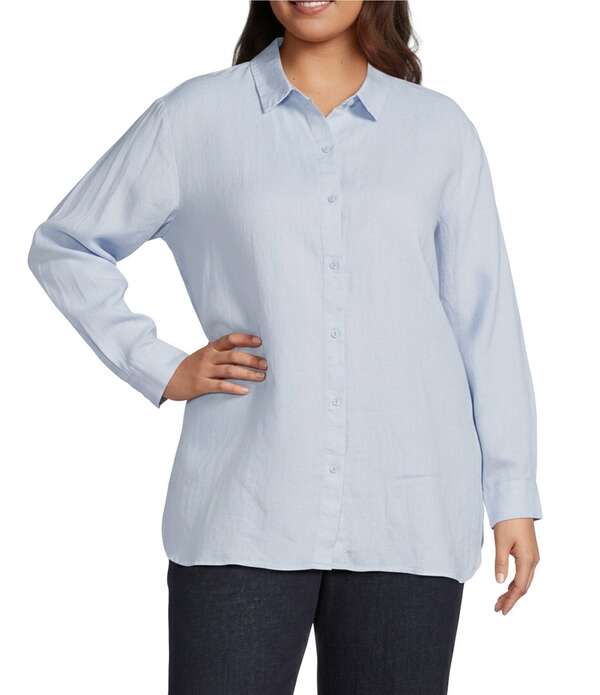 エイリーンフィッシャー レディース トップス シャツ プラスサイズ リネン Eileen Fisher Plusize Organic Handkerchief Linen Classicollar Long Sleeve Shirt Airy Blue ブルー｜ReVida 店