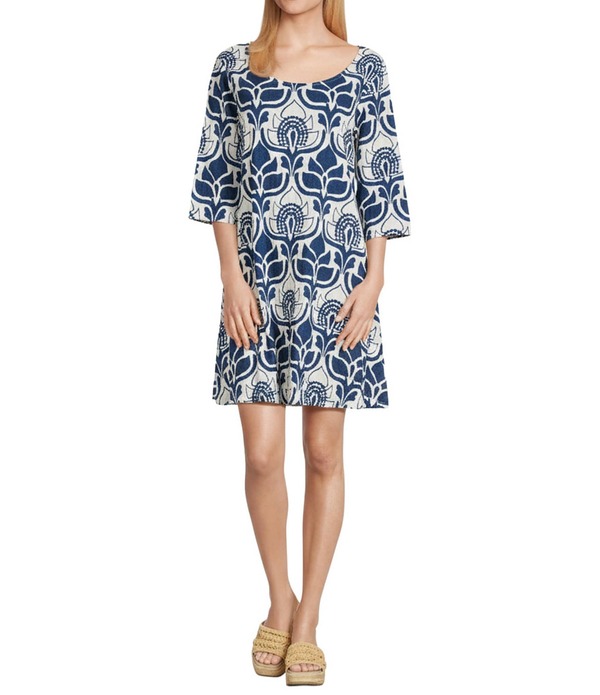 ブライン ウォーカー レディース トップス ワンピース プリント Bryn Walker Hopper Tulum Azul Cielo Print Scoop Neck Elbow Sleeve Dress Azul Cielo｜ReVida 店