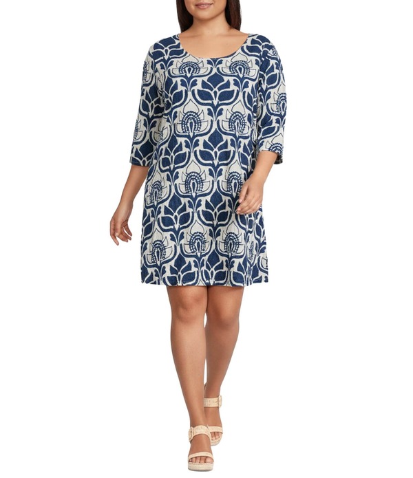 ブライン ウォーカー レディース トップス ワンピース A ライン プラスサイズ プリント Bryn Walker Plus Hopper Tulum Azul Cielo Print Scoop Neck Elbow Sleeve A-Line Dress Azul Cielo