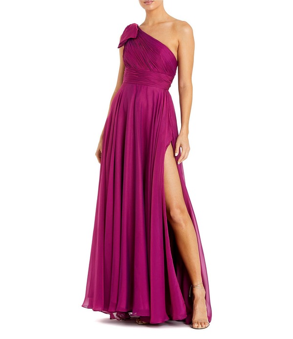 マックダガル レディース トップス ワンピース シフォン A ライン プチ ギャザー Mac Duggal Petite Size Bow One Shoulderuched Bodice Chiffon A Line Gown Raspberry｜ReVida 店
