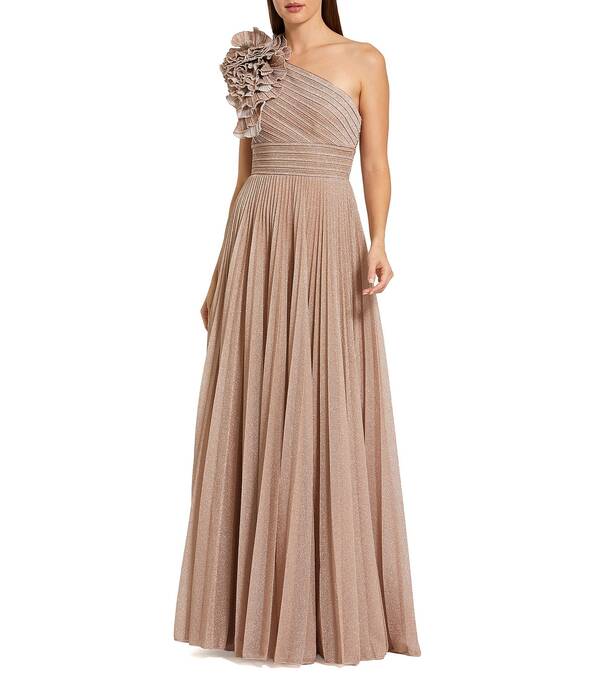 マックダガル レディース トップス ワンピース A ライン プチ プリーツ メッシュ トール Mac Duggal Petite 3D Applique One Shoulder Pleated Metallic Mesh A-Line Gown Champagne シャンパン|ReVida 店