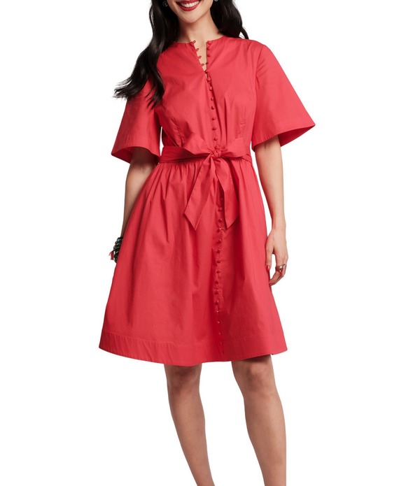 フランセスバレンタイン レディース トップス ワンピース ハイネック FRANCES VALENTINE Nancy Poplin High Neck Short Sleeve Tie Waist Dress Red レッド