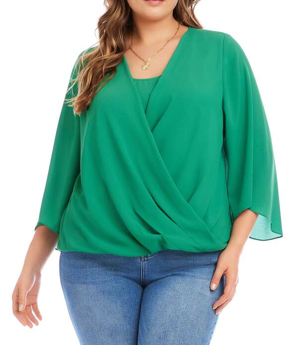 カレンケーン レディース トップス シャツ Vネック プラスサイズ Karen Kane Plusize Crossover V-Neck 3/4 Flare Sleeve Top Kelly Green グリーン 25,056円