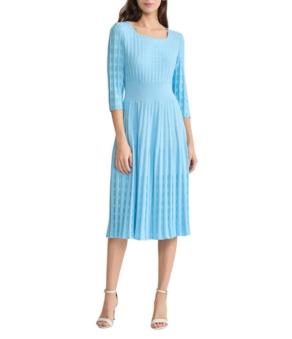 ミンウォン レディース トップス ワンピース ミディ ニット Ming Wang Pointelle Tonal Knit Square Neck 3/4 Sleeve Fit-And-Flare Midi Dresserene
