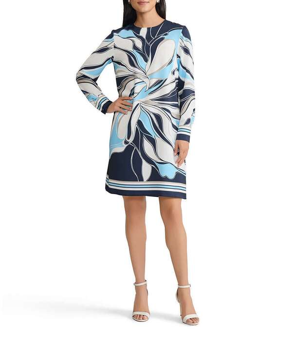ミンウォン レディース トップス ワンピース クルーネックレープ フラワー柄 フラワー Ming Wang Floral Abstract Crepe Crew Neck Long Sleeve Shift Dress Indigo/White/Limestone ホワイト｜ReVida 店