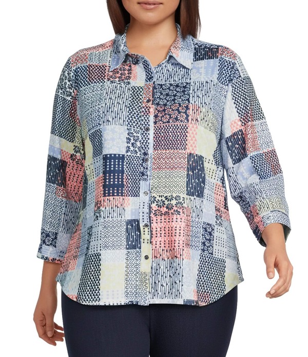 アリソン デイリー レディース トップス プルオーバー つけ加える大きさ 刷り上げる パッチワーク Allison Daley Plusize Patchwork Print 3/4 Sleeve Point Collar Button Front Shirt Dress Bluespring Medley