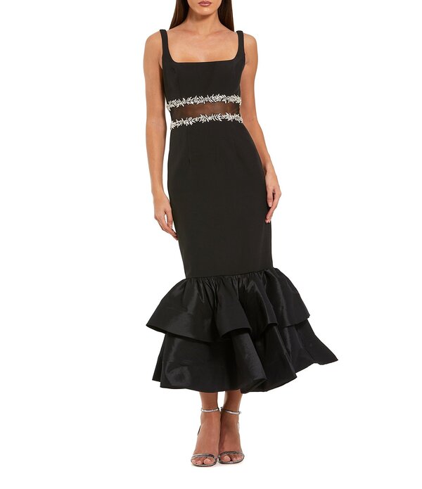 マックダガル レディース トップス ワンピース フリル裾 クレープチ フリル メッシュ ミディ Mac Duggal Petite Size Crepe Beaded Mesh Waist Detail Ruffle Hemidi Dress Black ブラック|ReVida 店