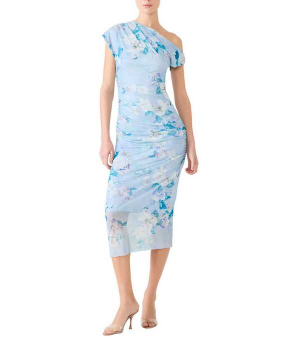 スティーブ マデン レディース トップス ワンピース アシンメトリー フラワー柄 プリント メッシュ ミディ フラワー Steve Madden Gracelyn Floral Print Asymmetrical Shoulder Short Sleeve Bodycon Mesh Midi Dress Bloom