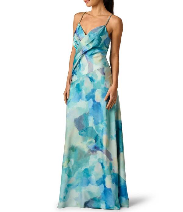 アドリアナ パペル レディース トップス ワンピース プリント Tシャツ ノースリーブ Adrianna Evening by Adrianna Papell Printed SateenV-Neck Sleeveless Chain Strap Sheath Dress Blue Multi ブルー