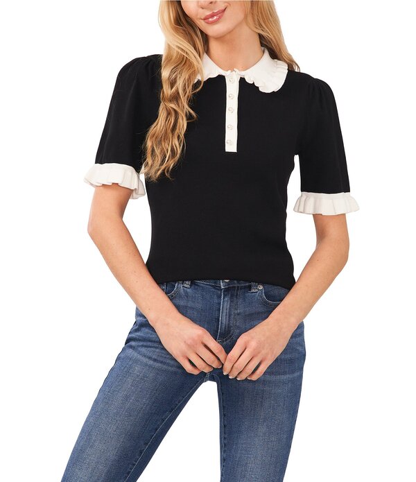 セセ レディース トップス シャツ フリル ブラウス ニット CeCe Knit Ruffle Collar Short Sleeve Partial Button Front Blouse Rich Black ブラック
