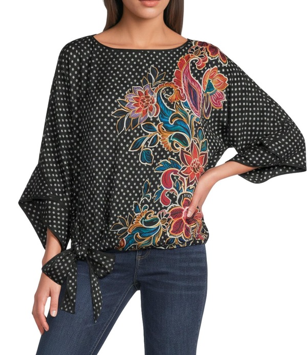 デモクラシー レディース トップス シャツ プリント レース Democracy Woven Placement Print Boat Neck 3/4 Dolman Sleeve Bubble Hem Top Black/Ivory Multi アイボリー｜ReVida 店 9,475円