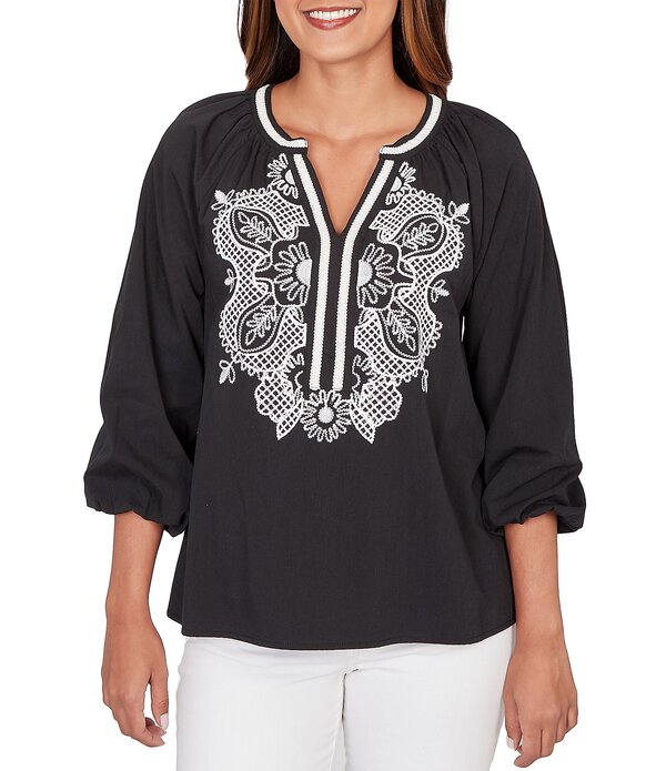 ルビーアールディー レディース トップス シャツ Vネック 刺繍 Ruby Rd. Soft Woven Embroidered Split V-Neck 3/4 Sleeve Top Black ブラック