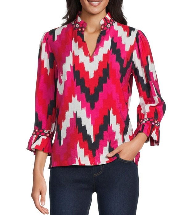 マルチプルズ レディース トップス シャツ プリント フリル Multiples Woven Chevron Print Ruffle Stand Collar 3/4 Sleeve Top Multi マルチカラー