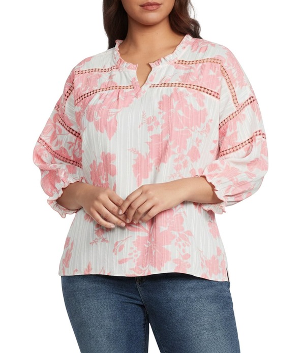 アリ マイルス レディース トップス シャツ Vネック プラスサイズ プリント Ali Miles Plusize Woven Leaf Print Split V-Neck 3/4 Sleeve Tunic Multi Pink ピンク｜ReVida 店