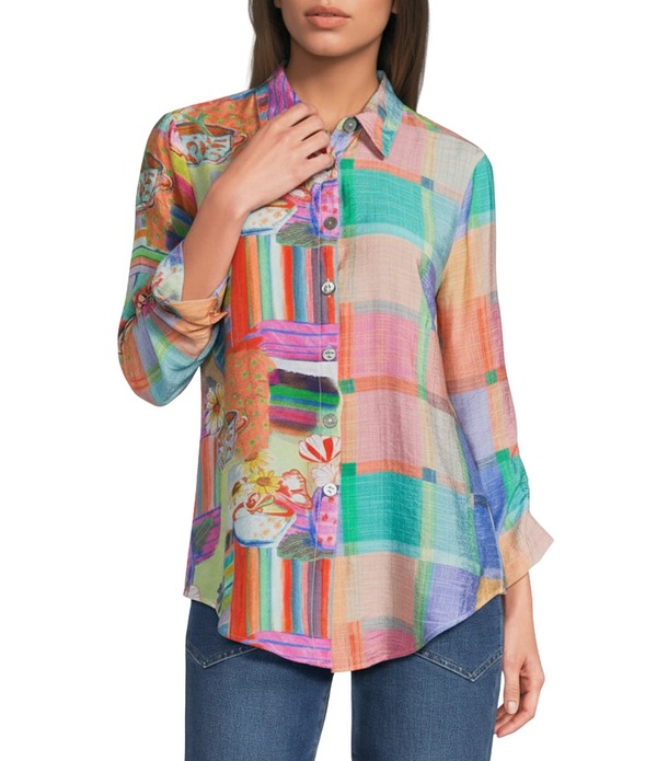 アリ マイルス レディース トップス シャツ プリント Ali Miles Woven Multi Square Print Point Collar 3/4 Cinched Sleeve Tie Frontunic Square Multi マルチカラー 19,225円