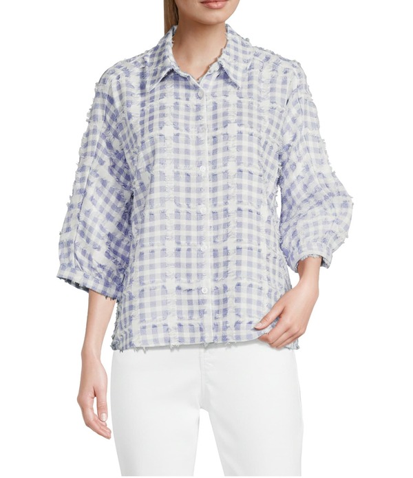 アリ マイルス レディース トップス シャツ Ali Miles Yarn Dye Plaid Clipped Jacquard Point Collar Short Dolman Sleeve Button Front Shirt White/Blue ホワイト｜ReVida 店