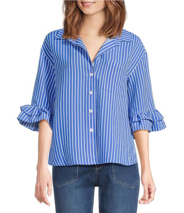 アリ マイルス レディース トップス シャツ フリル Ali Miles Woven Stripe Point Collar Elbow Ruffle Sleeve Button Frontunic Blue Stripe ブルー