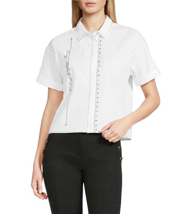 カール ラガーフェルド レディース トップス シャツ KARLAGERFELD PARIS Poplin Woven Tape Measure Point Collar Short Sleeve Shirt White ホワイト｜ReVida 店