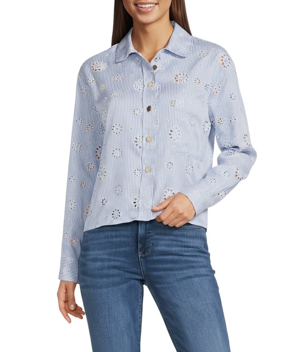 メロデイ レディース トップス シャツ 刺繍 MELLODAYarn Dye Stripembroidered Eyelet Peter Pan Collar Long Sleeve Button Front Shirt Blue/White ホワイト