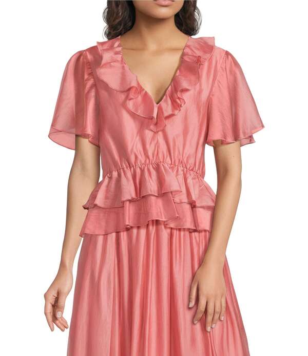 メロデイ レディース トップス シャツ Vネック フリル シルク ブラウス MELLODAY Coordinating Faux Silk Ruffled V-Neck Flutter Sleeve Peplum Blouse Blush Pink ピンク
