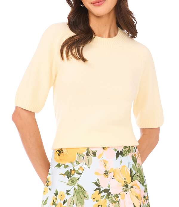 ワンステート レディース アウター ニット・セーター 1. STATE Round Neck Short Sleeve Knit Sweater Butter Cream Yellow クリーム｜ReVida 店