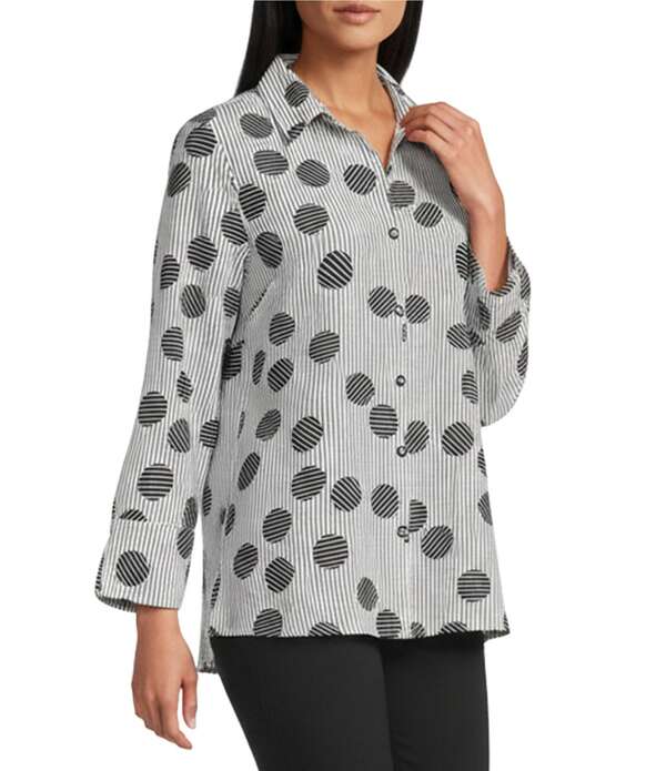 マルチプルズ レディース トップス シャツ プリント Multiples Woven Dot Print Point Collar 3/4 Turn-Up Sleeve Button Front Shirt Black/White Print ホワイト｜ReVida 店