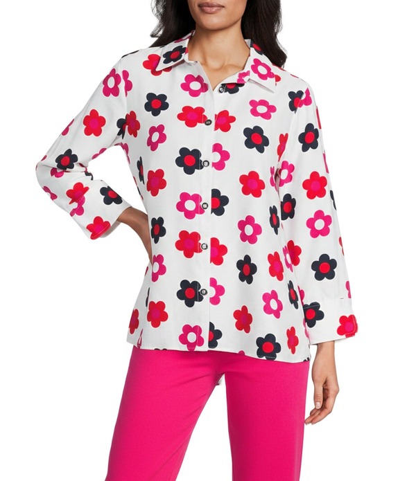 マルチプルズ レディース トップス シャツ フラワー柄 プリント フラワー Multiples Woven Floral Print Point Collar 3/4 Turn-Up Sleeve Button Front Shirt Pink Floral ピンク