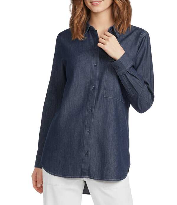エイリーンフィッシャー レディース トップス シャツ コットン デニム Eileen Fisher Lightweight Organicotton Denim Point Collar Long Sleeve Shirt Dark Indigo インディゴ|ReVida 店