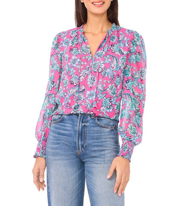 セセ レディース トップス シャツ Vネック プリント フリル シャーリング ブラウス CeCe Woven Paisley Print Ruffle V-Neck Long Smocked Sleeve Blouse Legacy Pink ピンク