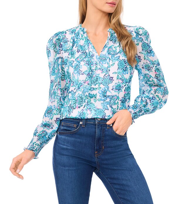 セセ レディース トップス シャツ Vネック プリント フリル シャーリング ブラウス CeCe Woven Paisley Print Ruffle V-Neck Long Smocked Sleeve Blouse Ultra White ホワイト