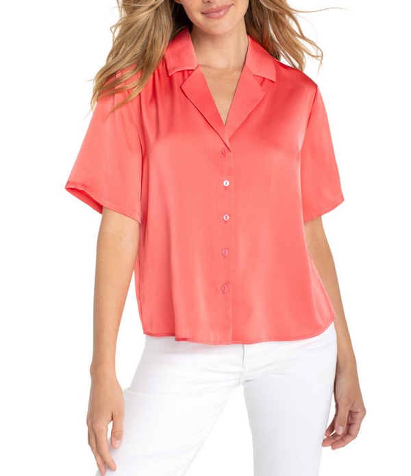 リヴァプール ロサンゼルス レディース トップス シャツ サテン ブラウス Liverpoolos Angelesatinotch Collar Short Sleeve Blouse Coral コーラル