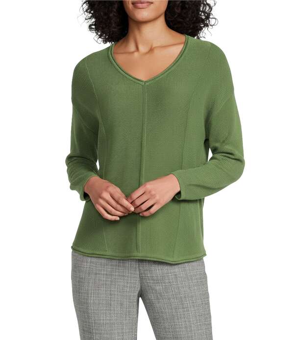 インベストメンツ レディース アウター ニット・セーター Vネック Investments Textured 3/4 Sleeve V-Neck Sweater Olivine