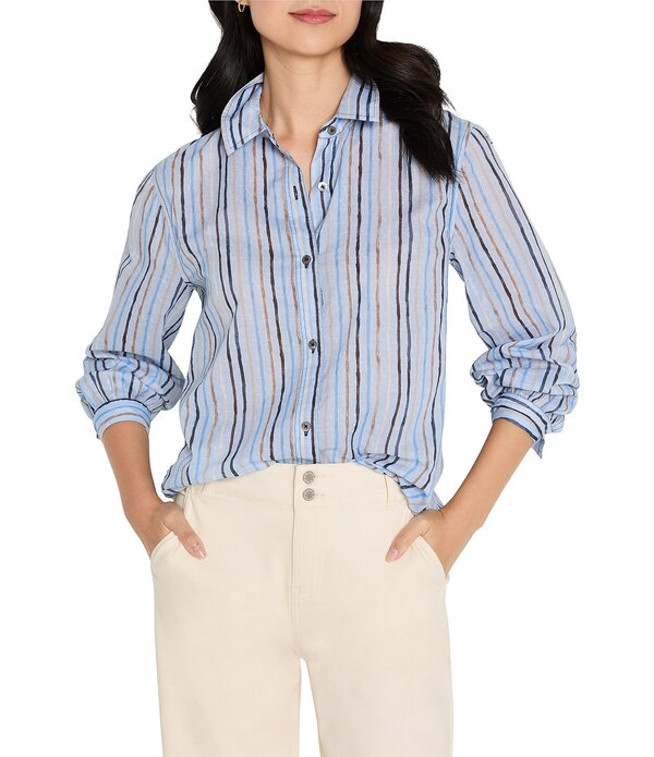 ニックアンドゾー レディース トップス シャツ NIC + ZOE Drifty Painted Stripe Shirt Collar Long Sleeve Shirt Blue Multi ブルー|ReVida 店