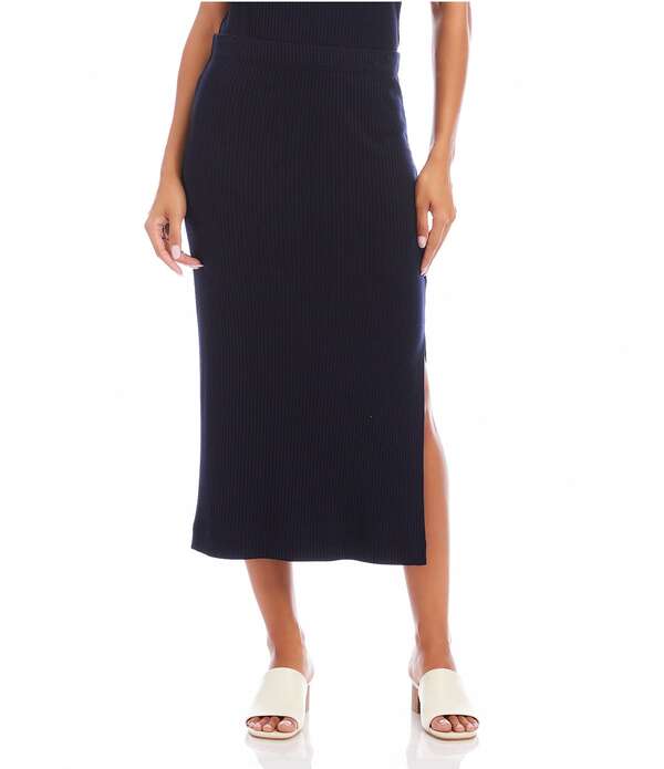 カレンケーン レディース ボトムスカート サイドスリット A ライン リブ ミディ ニット Karen Kane Ribbed Knit Side Slit A-Line Midi Skirt Navy ネイビー