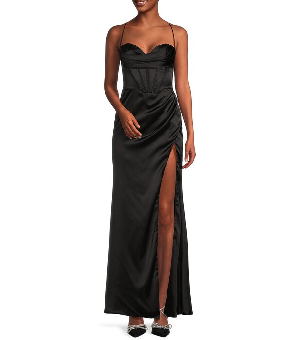 ジービー レディース トップス ワンピース サテン レース GB Social Corset Cowl Neck Lace-Up Back Slit Hem Satin Long Dress Black ブラック 38,220円