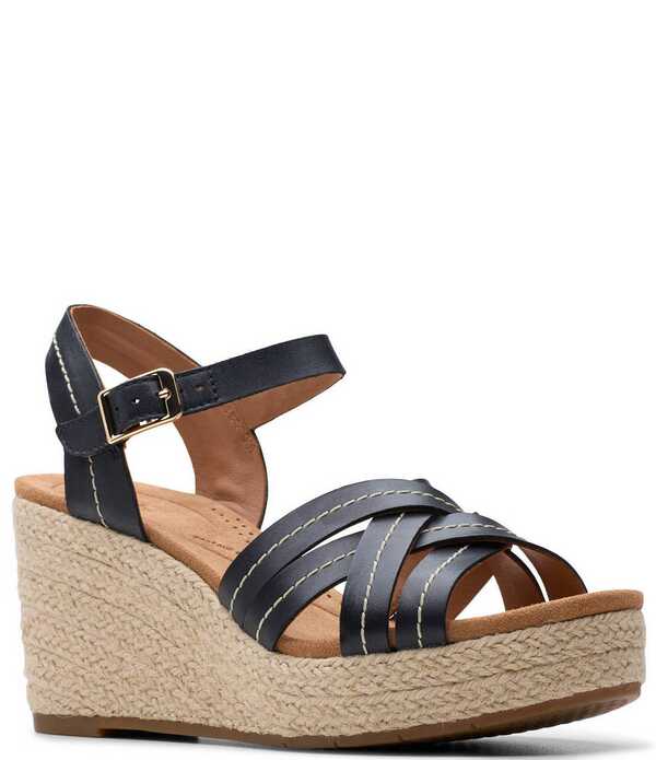 クラークス レディース シューズ スリッポン・ローファー プラットホーム サンダル なめし革 Clarks Artisan Sabina Strap Leather Platform Wedgespadrille Sandals Black 黒いこと 靴-ローファー-レディース靴