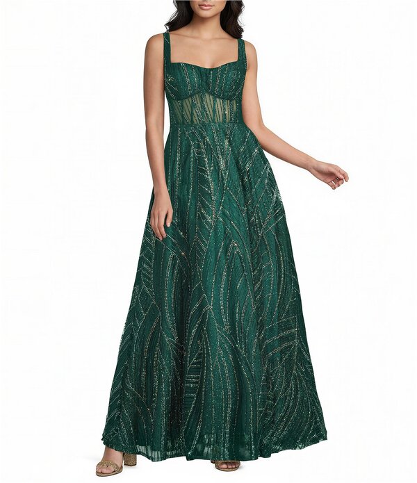 ビーダーリン レディース トップス ワンピース B. Darlin Glitter Accented Square Neck Illusion Bodice Ballgown Hunter