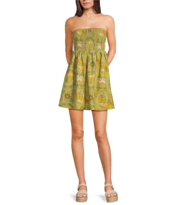 ビラボン レディース トップス ワンピース ミニ ストラップレス ノースリーブ シャーリング リネン Billabong Tropical Haze Sleevelesstraplessmocked Linen Blend Mini Dress Cedar