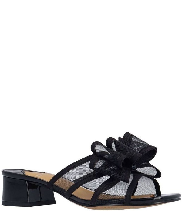 ジェイレニー レディース シューズ サンダル メッシュ 踵 J. Renee Finola Mesh Bow Block Heel Slide Sandals Black 黒いこと サンダル-靴-レディース靴
