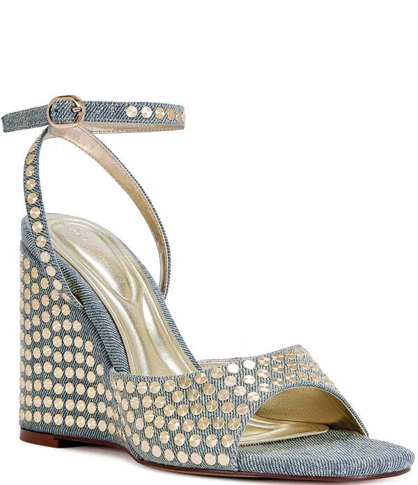 アザレア ワン レディース シューズ サンダル デニム アンクル Azalea Wang Matteus Denim Ankle Strap Studded Wedge Sandals Denim デニム