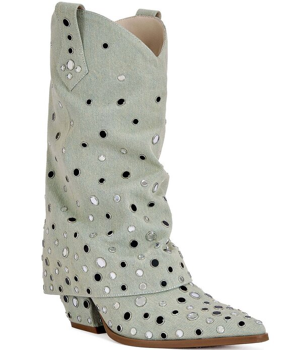 アザレア ワン レディース シューズ ブーツ・レインブーツ Azalea Wang Jaimy Studded Canvas Foldover Western Booties Green グリーン
