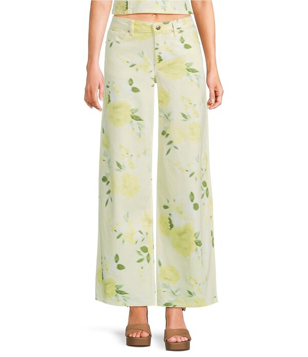 ジービー レディース ボトムス デニムパンツ ワイドレッグ フラワー柄 プリント ジーンズ フラワー GB Coordinating Floral Print Wide Leg Denim Jeans Light Yellow イエロー