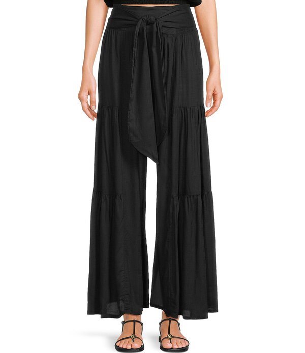 アンジー レディース ボトムス カジュアルパンツ ワイドレッグ ティアード シャーリング Angie Solid Tiered Tie Front Smocked Wide Leg Pants Black ブラック