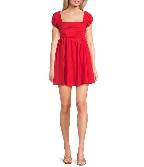 カッパーキー レディース トップス ワンピース プリーツ Copper Key Square Neck Short Sleeve Pleated Poplin Dress Red レッド