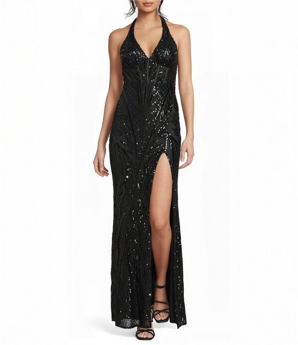 ミッドナイト ドール レディース トップス ワンピース サイドスリット メッシュ スパンコール ホルター Midnight Doll Sequin Patterned Meshalter Neck Side Slit Dress Black ブラック