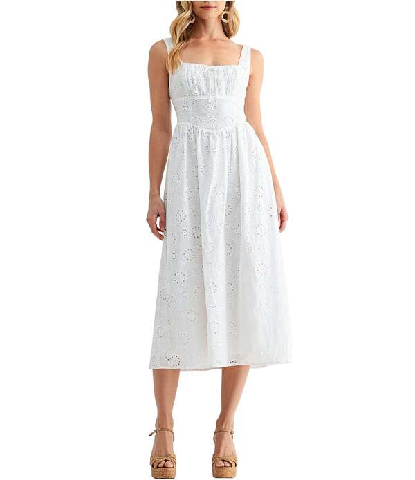 オールインフボール レディース トップス 衣装 midi 刺しゅう All インチ Favor Embroidered Shirred Fit and Flare Midi Dress White 白いこと レディースファッション-ワンピース