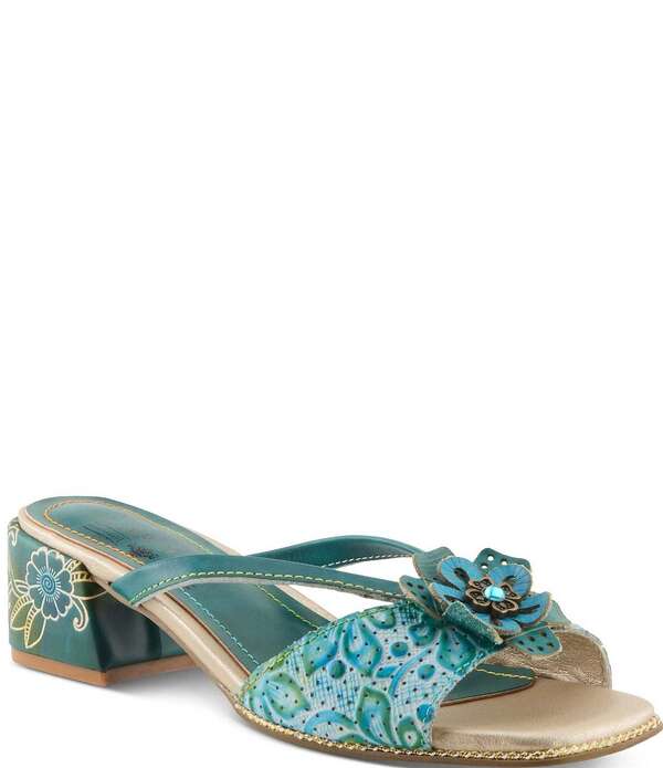 ラリティステ レディース シューズ サンダル レザー L'ARTISTEuropa Embossed Pindot Leather Flower Ornament Slide Sandals Teal Multi ティール