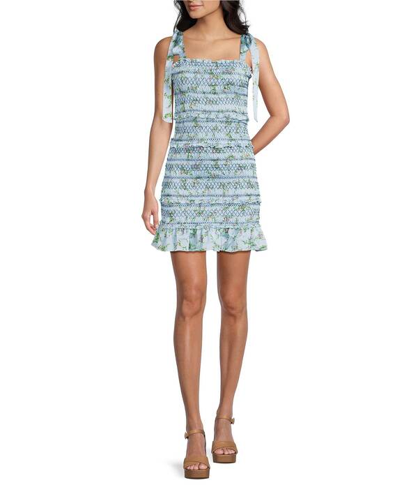 ジービー レディース トップス ワンピース フラワー柄 ミニ シャーリング フラワー GB Floral Square Neck Smocked Tie Shoulder Bodycon Mini Dress Blue Pink ブルー