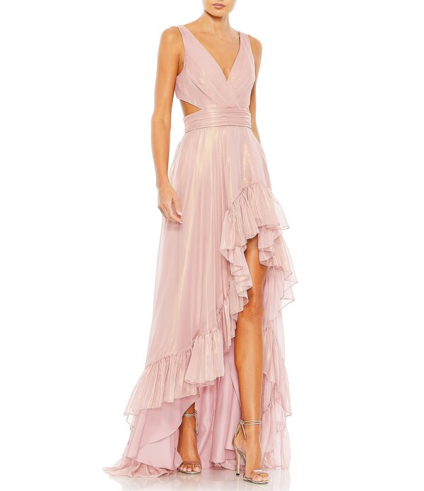マックダガル レディース トップス 衣装 Vのど首 カットアウト フラウンス ノースリーブ Mac Duggal Organza V-Neck Sleevelesside Cutout Ruffle High Low Back Tie Longown Rose Gold ゴールド