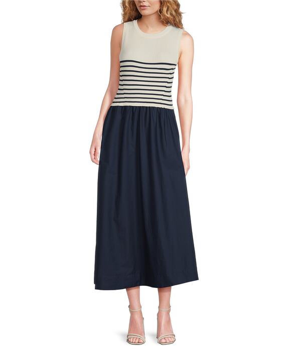 スカイズアブルー レディース トップス ワンピース クルーネック ミディ ノースリーブ Skies Are Blue Striped Mixed Media Sleeveless Crew Neck Midi Dress Navy-Off White オフホワイト